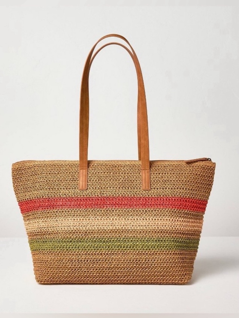 Hearth & Hand Straw Tote with Coral & Olive Stripes